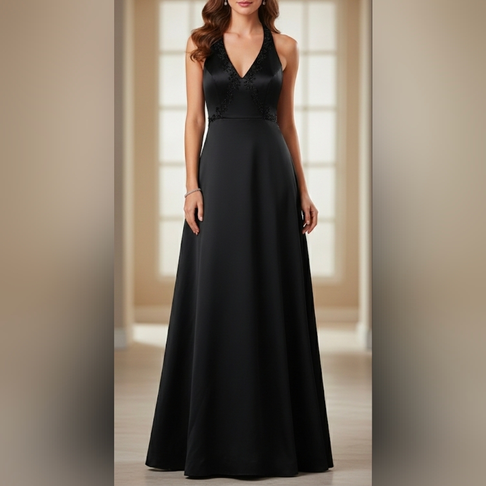 Delaru Black Formal Halter Gown || Black Formal Dress Beaded design Size 3/4